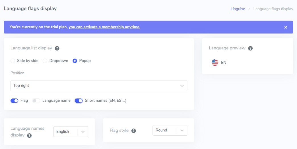Screenshot of a language test website interface