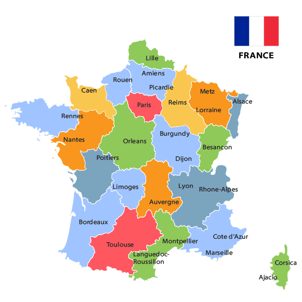 A map of France showing regions and departments. Black background with white outlines.
