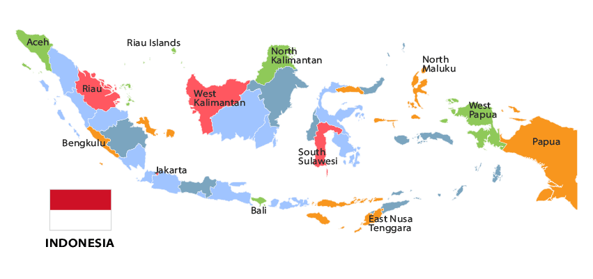 A black and white map of Indonesia. Provincial borders are shown.