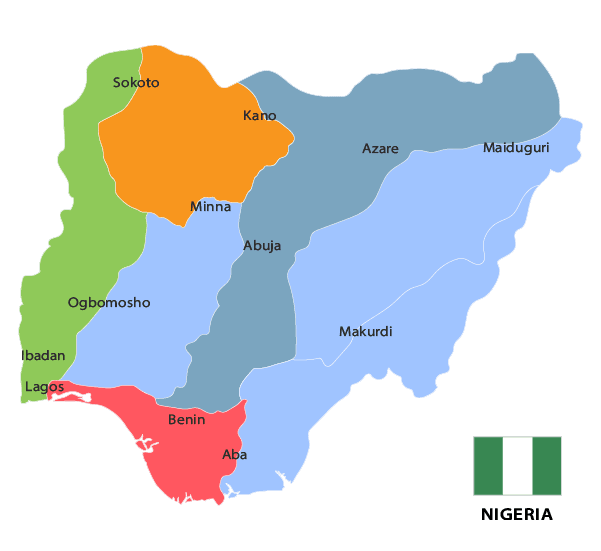 A black and white map of Nigeria showing state borders.
