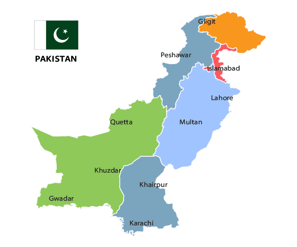 Map of Pakistan showing provinces and cities. A white outline on a black background.