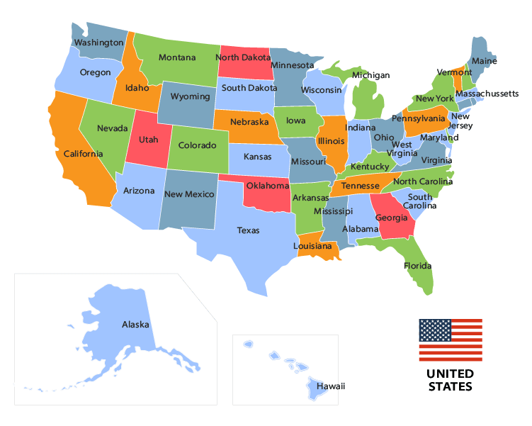 A map of the US with state names and borders. The map is in white on a black background.