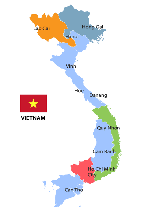 A map of Vietnam with labeled regions and cities. The Vietnamese flag is shown on the left side.