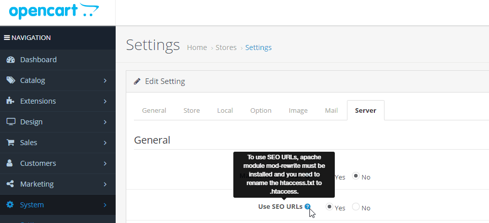 OpenCart settings page with various options.