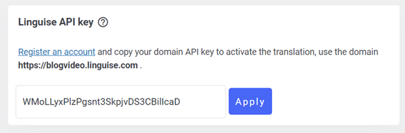 Registration API key page with apply button