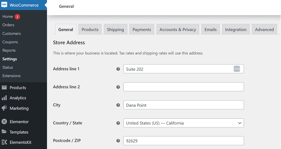 Magento configuration page with general settings
