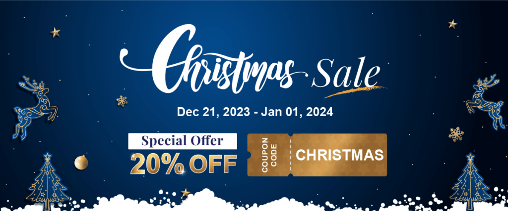 Christmas sale banner with 20% off offer. Special discount for holiday season.