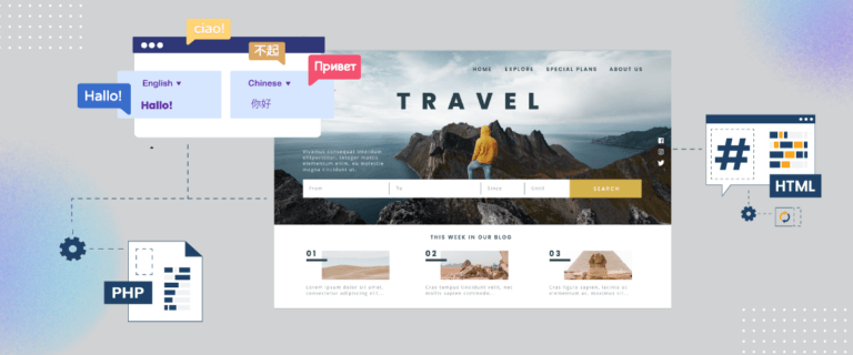 Black and white travel infographic with icons and images. A landscape photo with the word 'TRAVEL' on it.