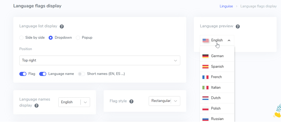 Dropdown menu for selecting languages