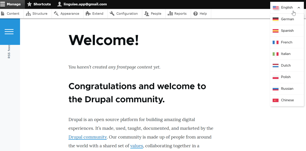 Drupal community welcome page with congratulations message