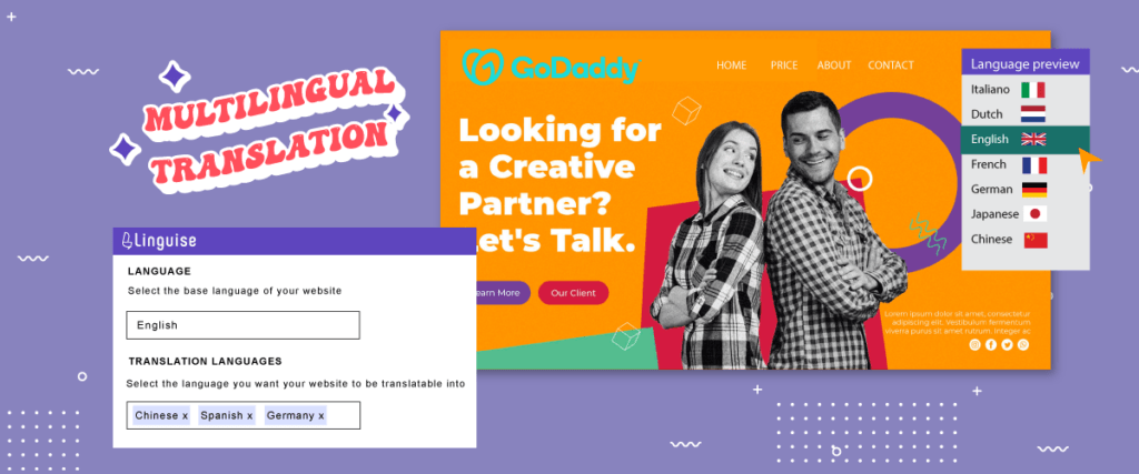Interface do construtor de sites da GoDaddy com duas pessoas