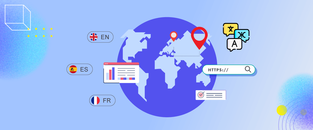 A world map with network connections. Various icons.