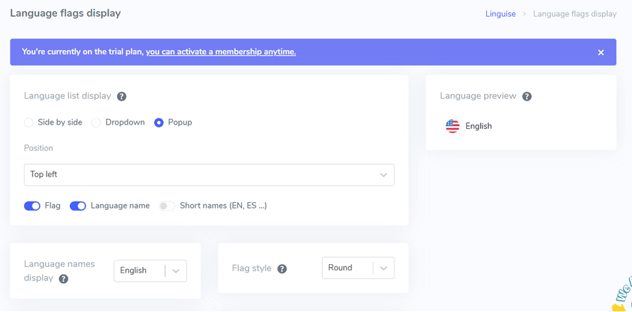 A screenshot of a language page settings interface. The page appears to be for managing languages.