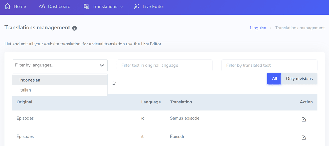 Translation management system interface