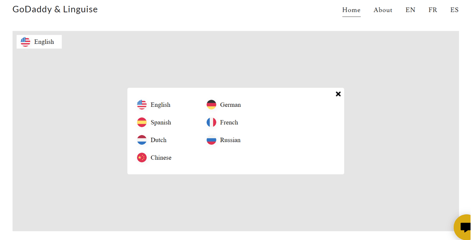 A screenshot of the GoDaddy Linguae platform. The image shows a menu with various options.