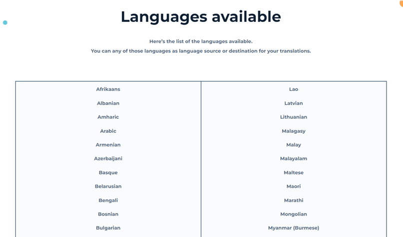 A list of languages on a website screenshot.