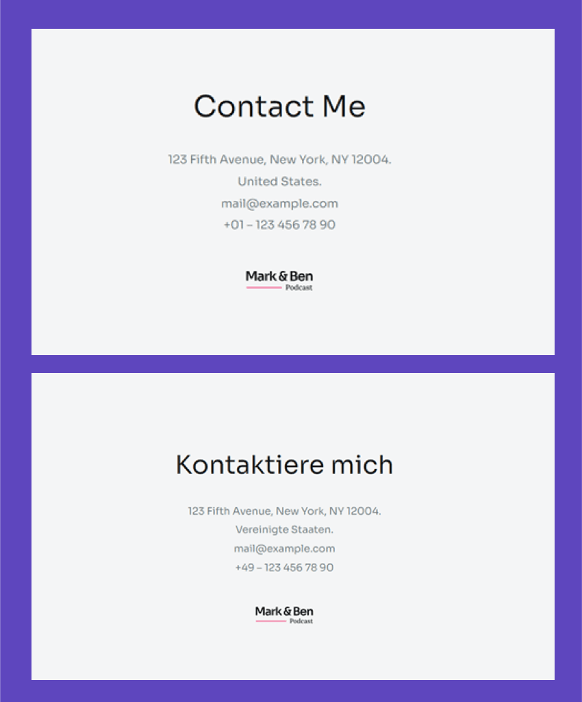 Contact information for two different languages.