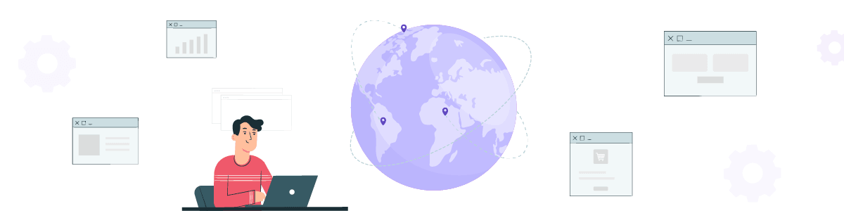 A person working on a computer with a globe and icons.