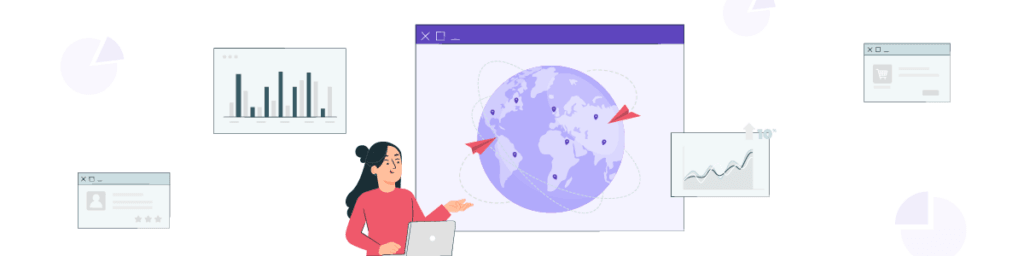 A futuristic illustration of a globe surrounded by various data charts and graphs. A person interacting with a large screen.