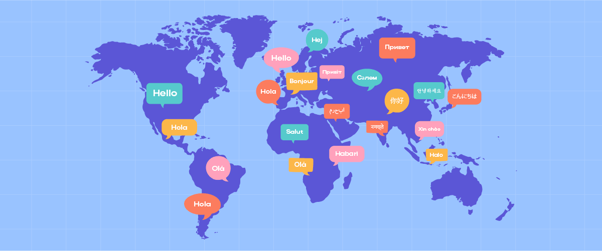 A world map with various speech bubbles. Global communication concept.