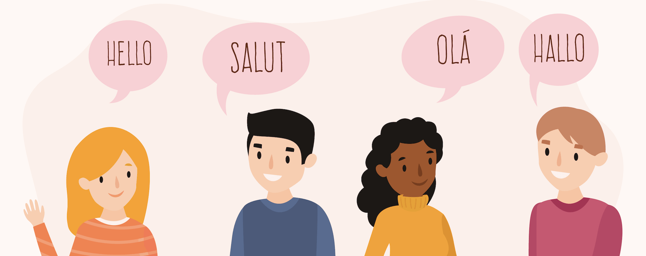 Four people saying hello in different languages.