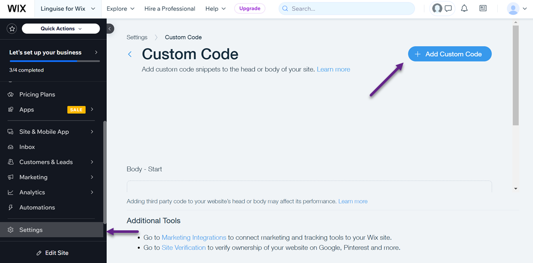 Custom code settings for website.