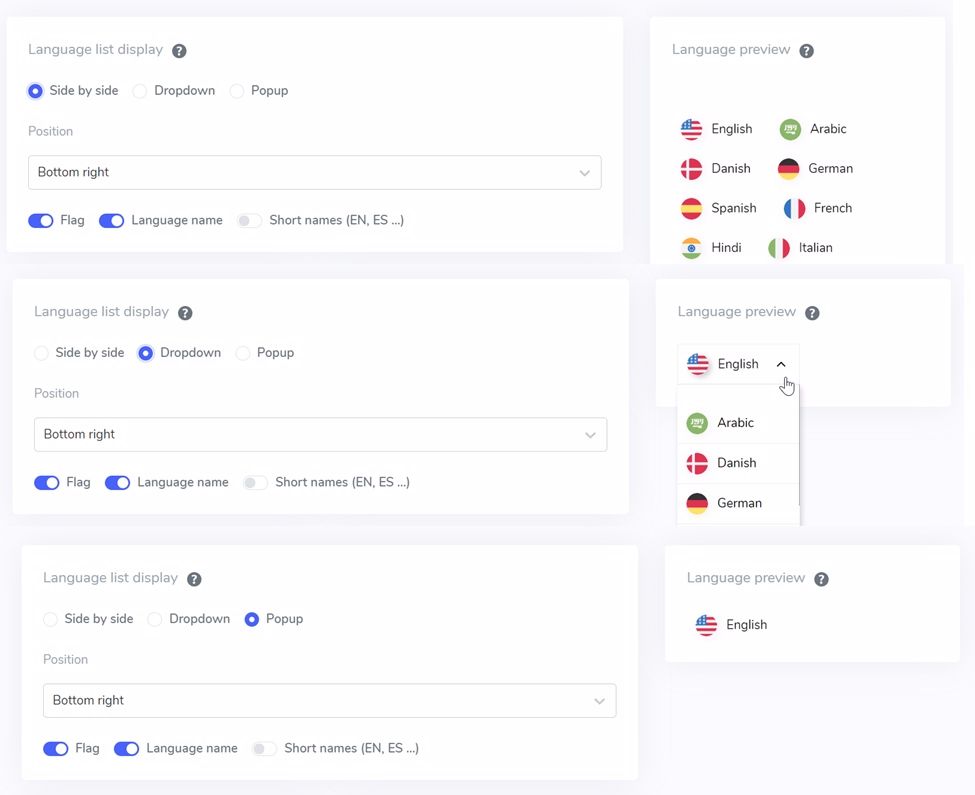 Language settings menu for website pages
