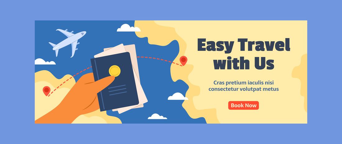 Travel booking illustration with a hand holding phone