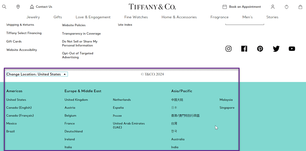 Screenshot of Tiffany & Co. website navigation menu. Luxury goods categories and account options.