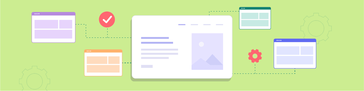 A line drawing of a web page with various icons around it, representing the process of designing and building a website.