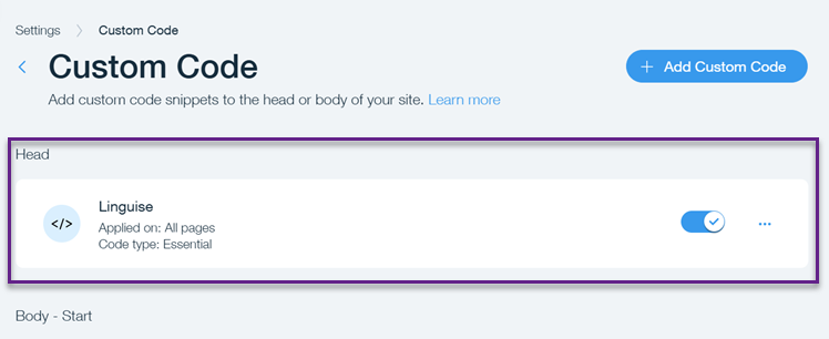 Custom code settings page with code injection options.