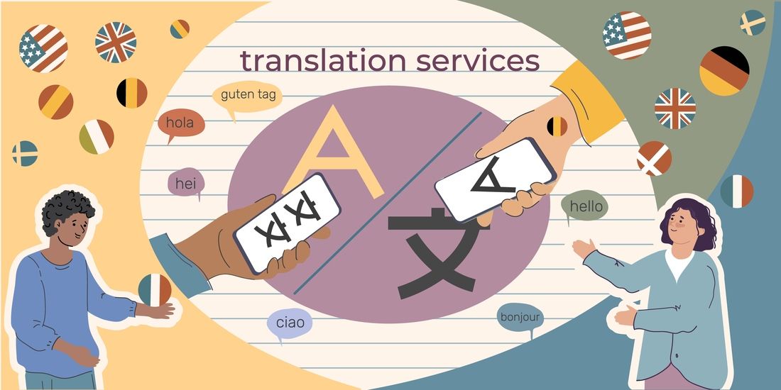 Two people facilitating language translation with flags and symbols