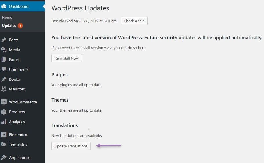 WordPress dashboard updates page. You have the latest version of WordPress.
