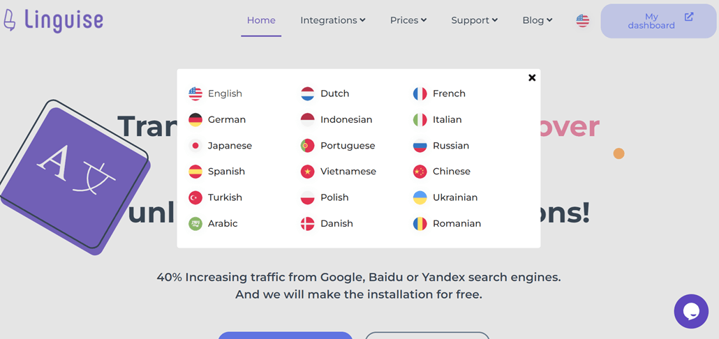 Translation menu options on Lingueea website. Available languages for translation.