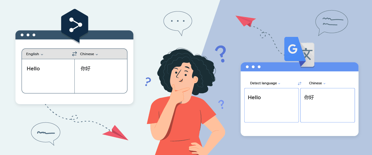 An illustration showing a customer and support agent interaction through computer screens and speech bubbles.