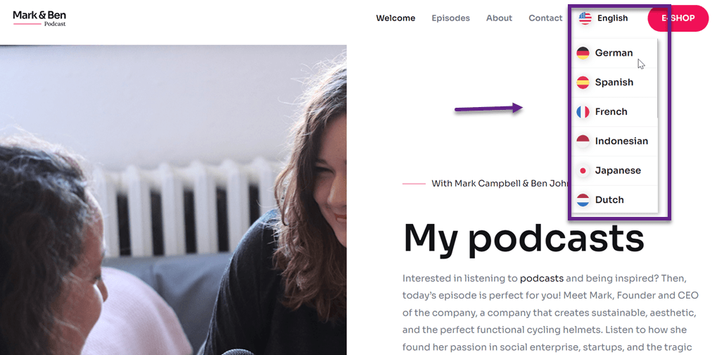 screenshot of a podcast interface with a black and white image of two stone faces