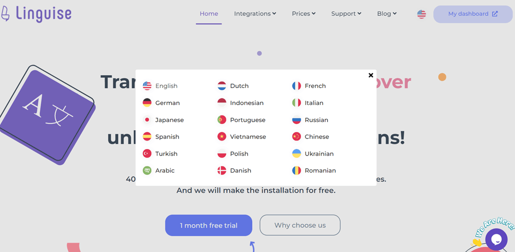 Language learning platform screenshot with various tools