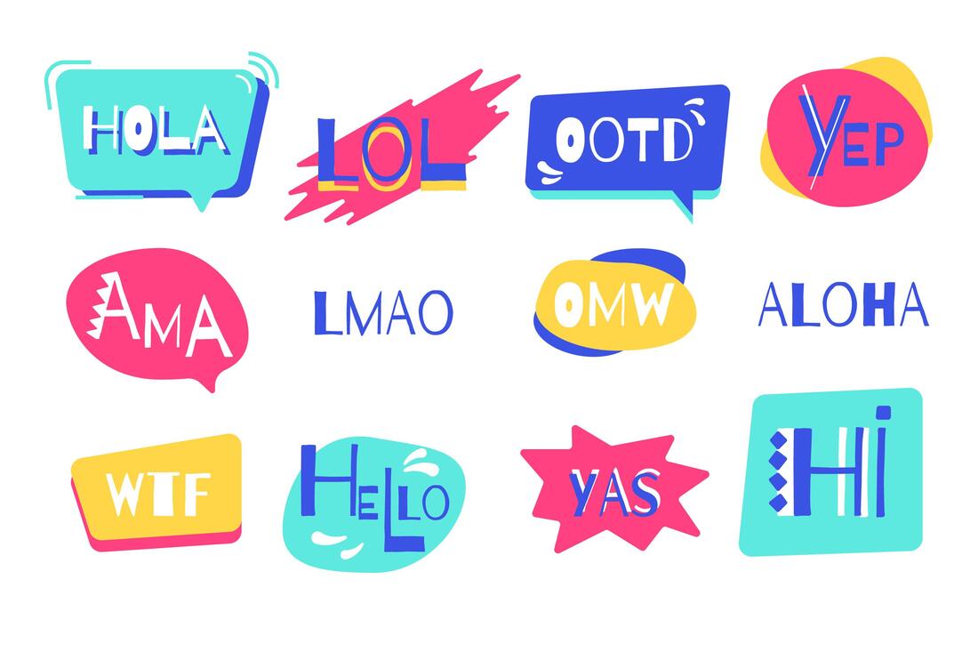 A collection of vibrant speech bubbles with internet slang. Various colorful shapes and words.