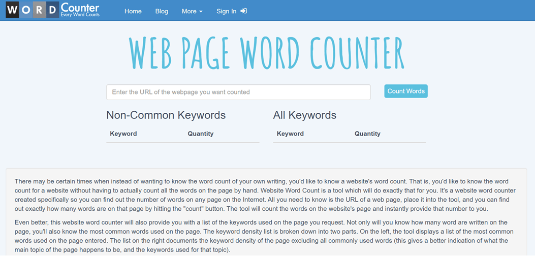 Online tool for counting words in a webpage