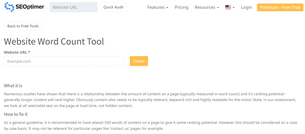 A screenshot of the Website Word Count Tool page