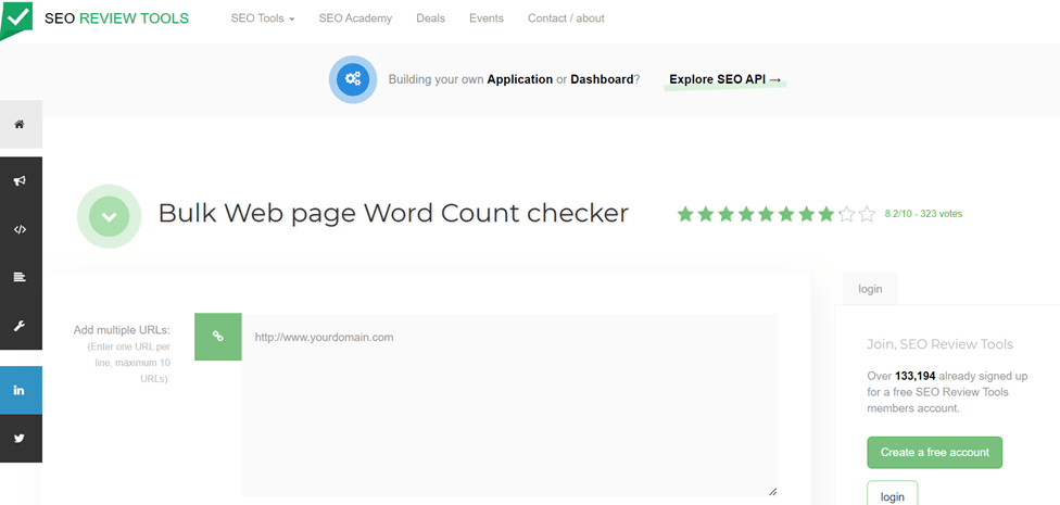 A screenshot of a webpage showing a bulk web page word count checker tool.