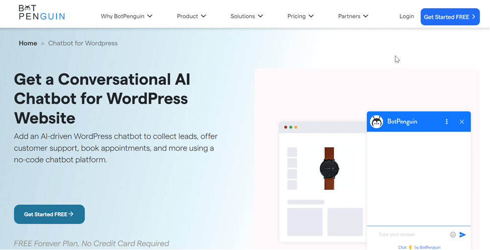 A conversational AI chatbot on a WordPress website. Add a live chat to your website equipped with AI.