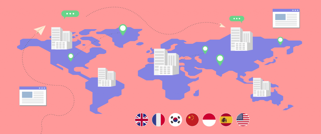 Um mapa mundial com vários ícones representando conexões globais. O mapa apresenta símbolos de tecnologia e comunicação.