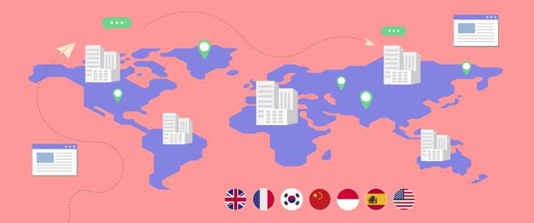 A world map with various icons representing global connections. The map features symbols for technology and communication.