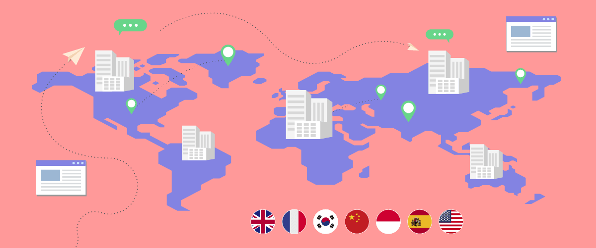 A world map with various icons representing global connections. The map features symbols for technology and communication.