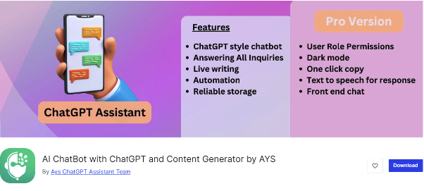 AI ChatBot with ChatGPT and Content Generator by AYS. This chatbot offers various features.
