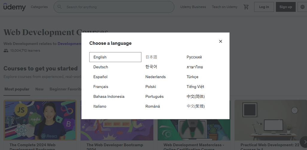 A dropdown menu for selecting a language