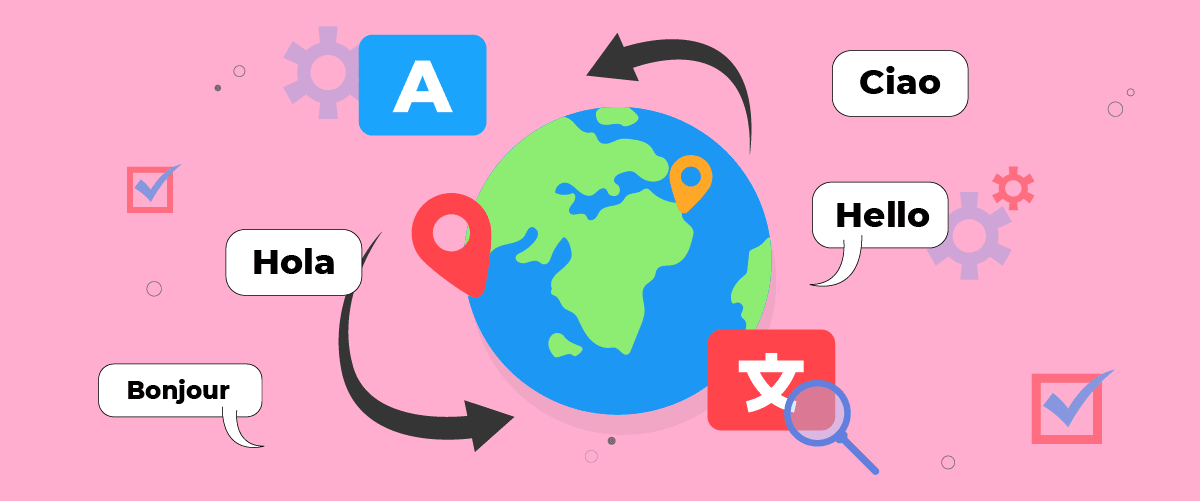 A black and white illustration of global communication. Various icons surround a central globe.