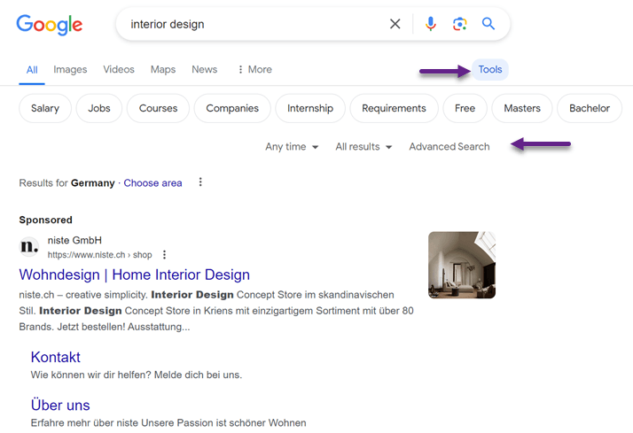 A screenshot of Google search results page.