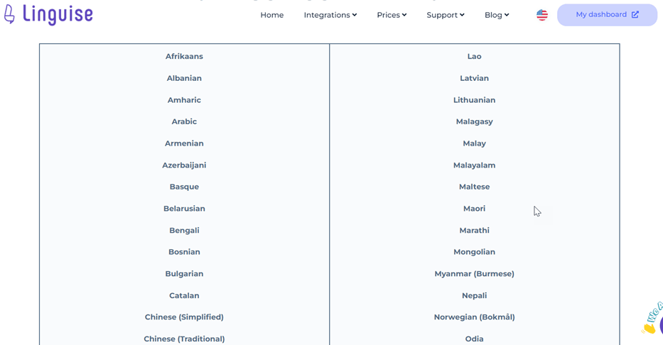 A screenshot of the Linguaise website menu. The menu shows various language options.